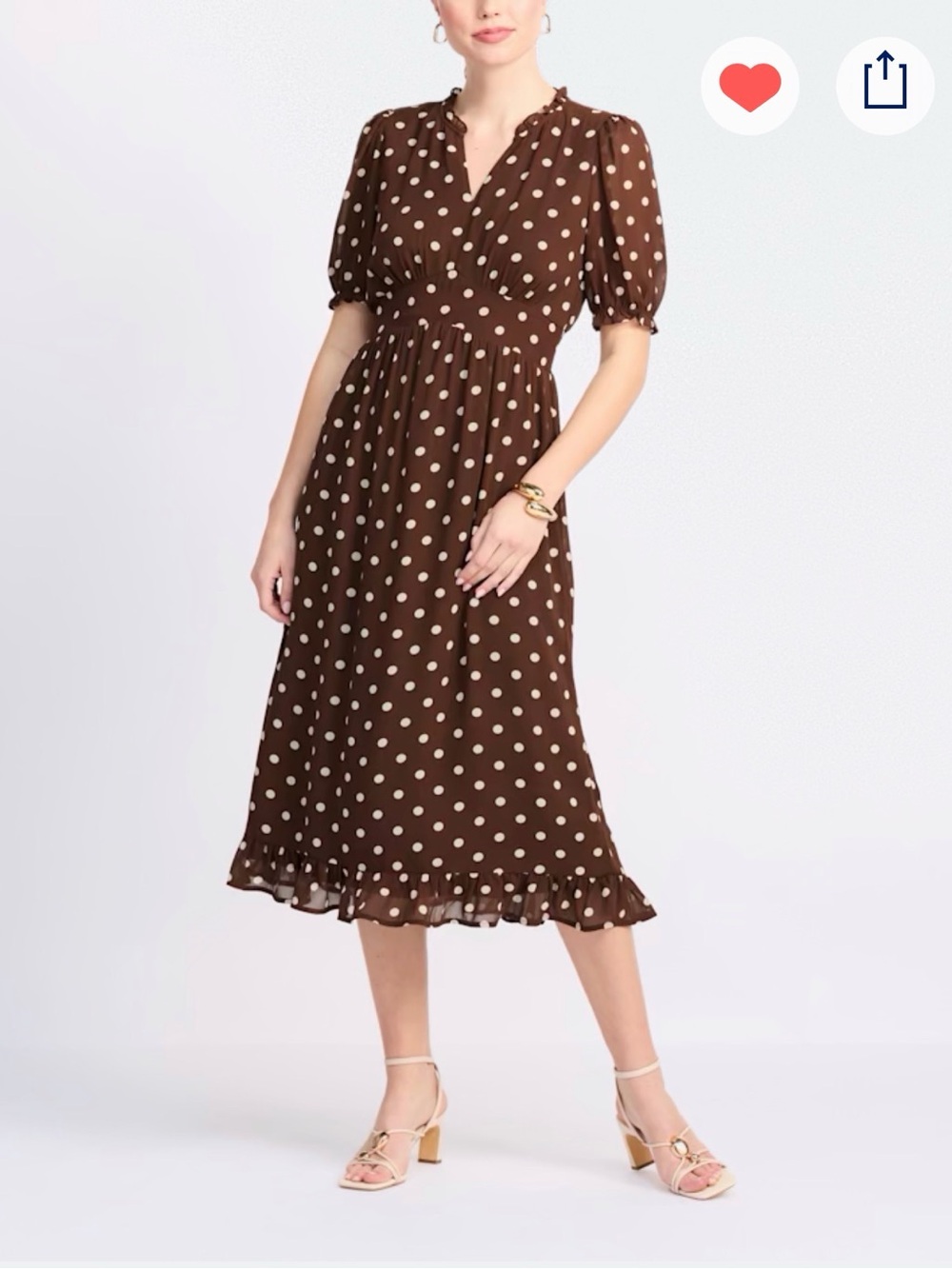 Brown Polka Dot Maxi Dress with Puff Sleeves - Classic Feminine Style - Picture 2 of 7